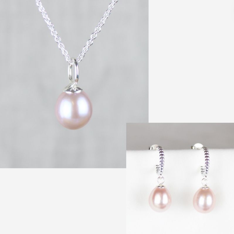 Smykkesæt - Sølv med rosa ferskvandsperler &amp; kugle creoler