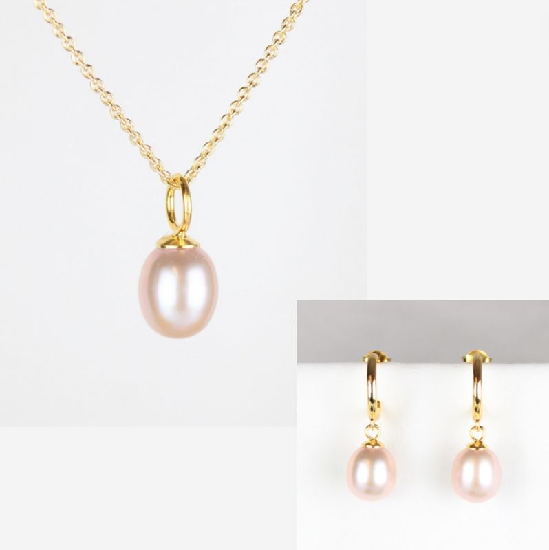 Smykkesæt - Forgyldt med rosa ferskvandsperler