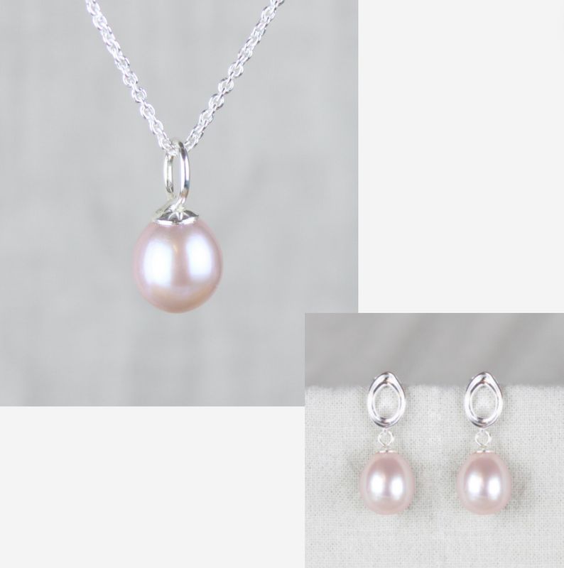 Smykkesæt - Sølv med rosa ferskvandsperler &amp; ovale bestikker