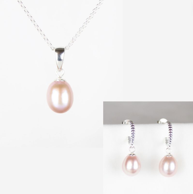 Smykkesæt - Sølv med rosa ferskvandsperler &amp; kugle creoler