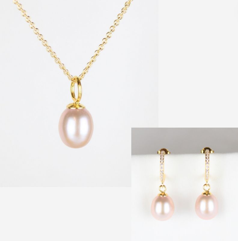 Smykkesæt - Forgyldt med rosa ferskvandsperler &amp; rhinsten