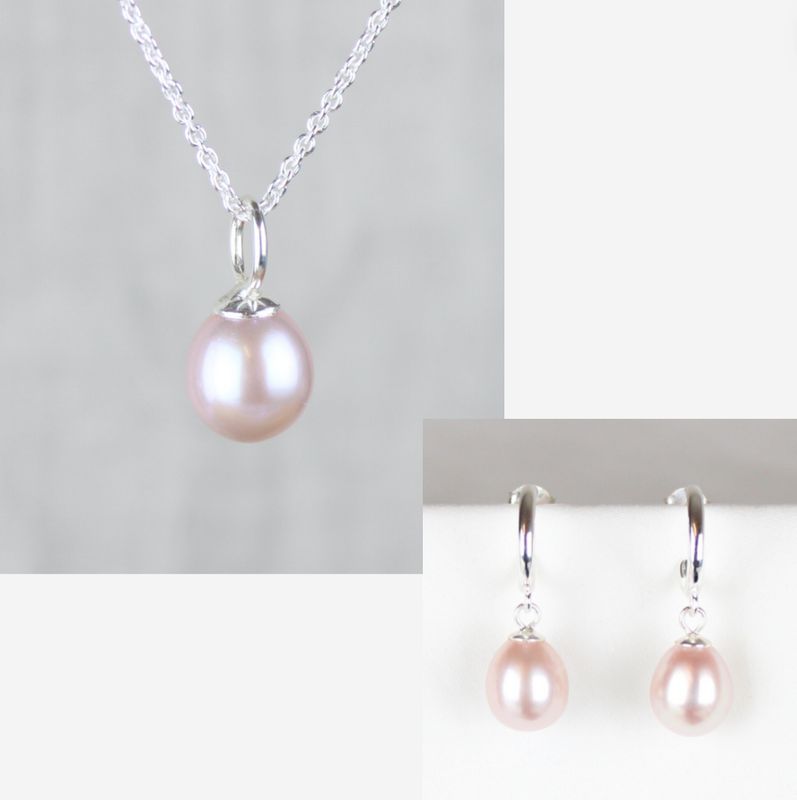 Smykkesæt - Sølv med rosa ferskvandsperler &amp; kugle creoler