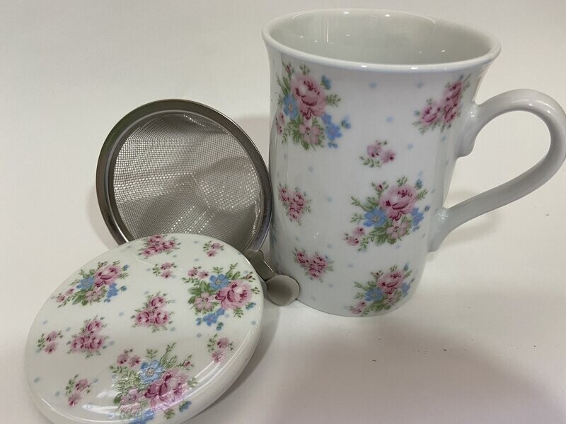 Taza de cerámica con tapa y filtro - Floral