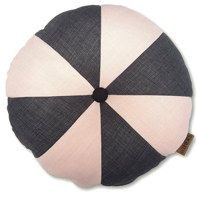Rund pude med knap, grå/sart rosa - LAGERSALG