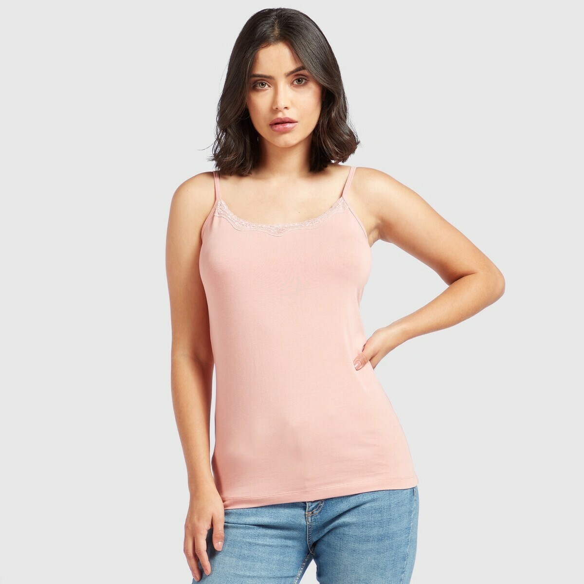 Max - Solid Sleeveless Camisole with Scoop Neck and Lace Detail (Pink)
