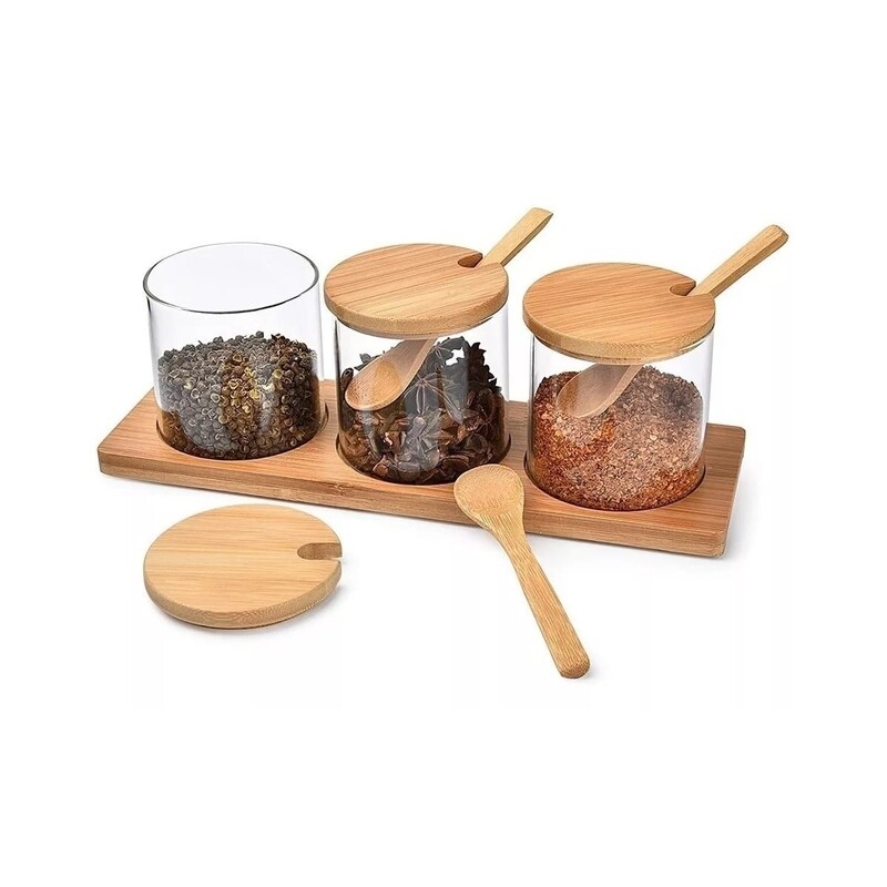 Juego De Especieros 3 Pz Con Cuchara Y Tapa De Madera