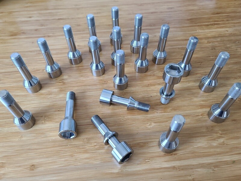 Ferrari Titanium wheel lug bolts - Challenge style - Updated floating washer design - Polished - Also fits Maserati