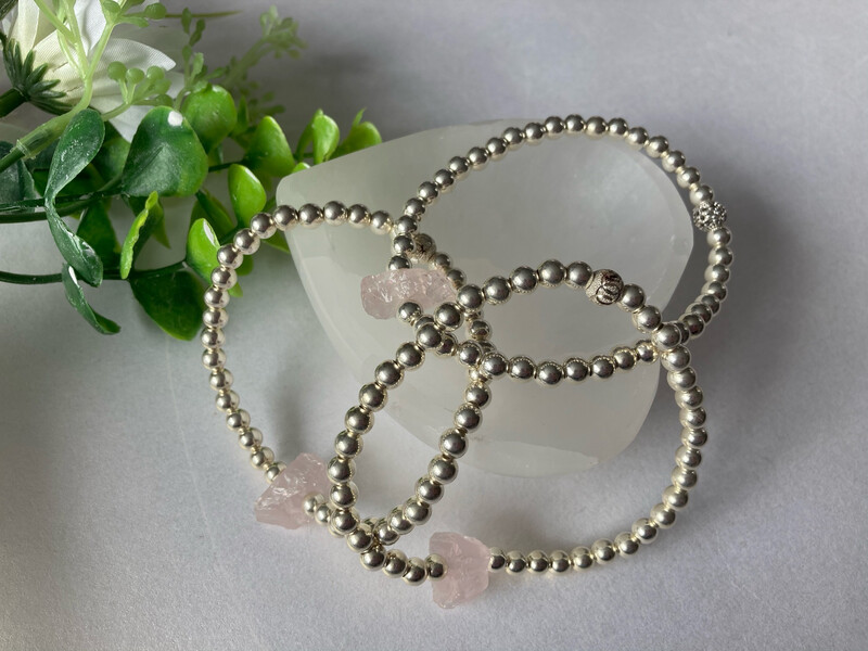 Rose Quartz Stacking Bracelet With Solid Sterling Silver Beads