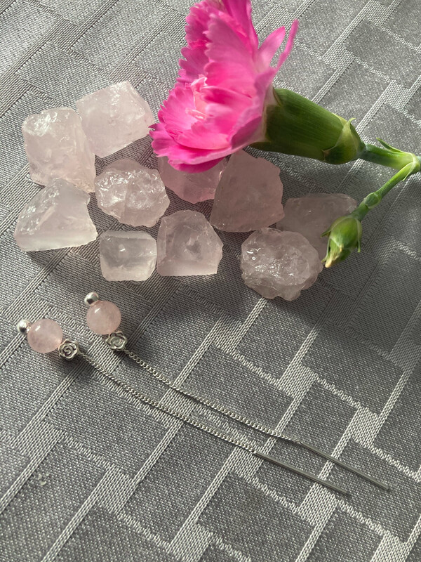 Rose Quartz Threaded Earrings With Solid Sterling Silver Threads And Rose Bead