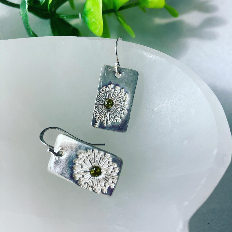 Dandelion Wish With Peridot Fine Silver Hand Cast Earrings