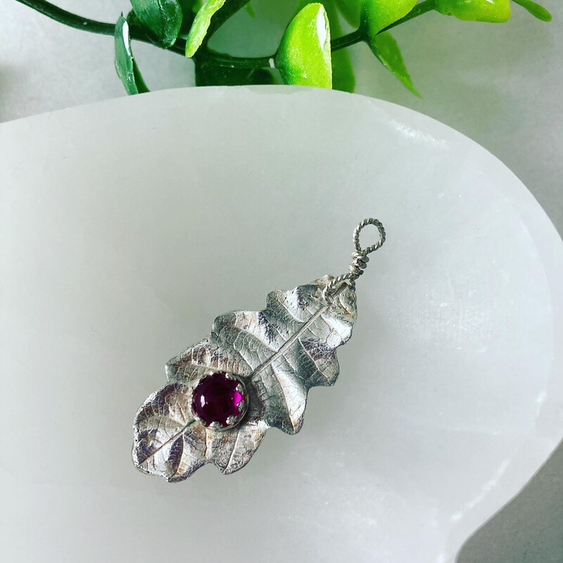 OOAK Hand Cast Fine Silver Oak Leaf Pendant With Ethical Ruby