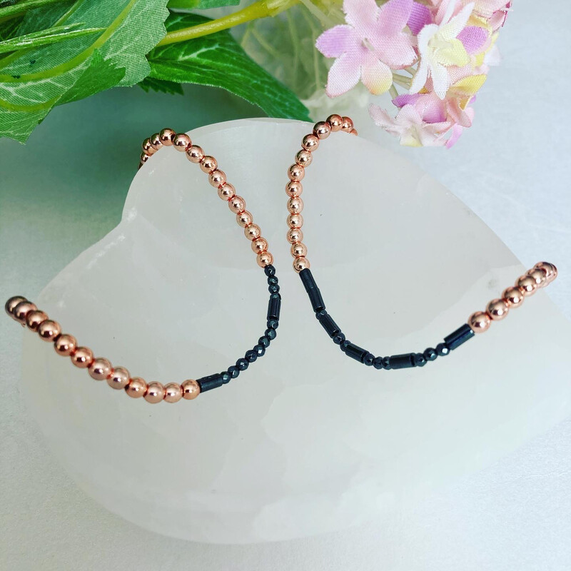 Set Of Two Rose Gold Dipped Hematite Friendship Stacking Bracelets With Secret Morse Code Names, Title Or Phrase