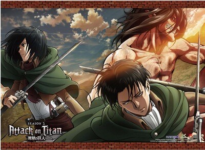Attack On Titan - S2 | Eren (Attack Titan Form), Mikasa, & Levi | Wall Scroll