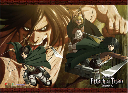 Attack On Titan - S2 | Eren (Attack Titan Form), Mikasa, Levi, & Armin | Wall Scroll