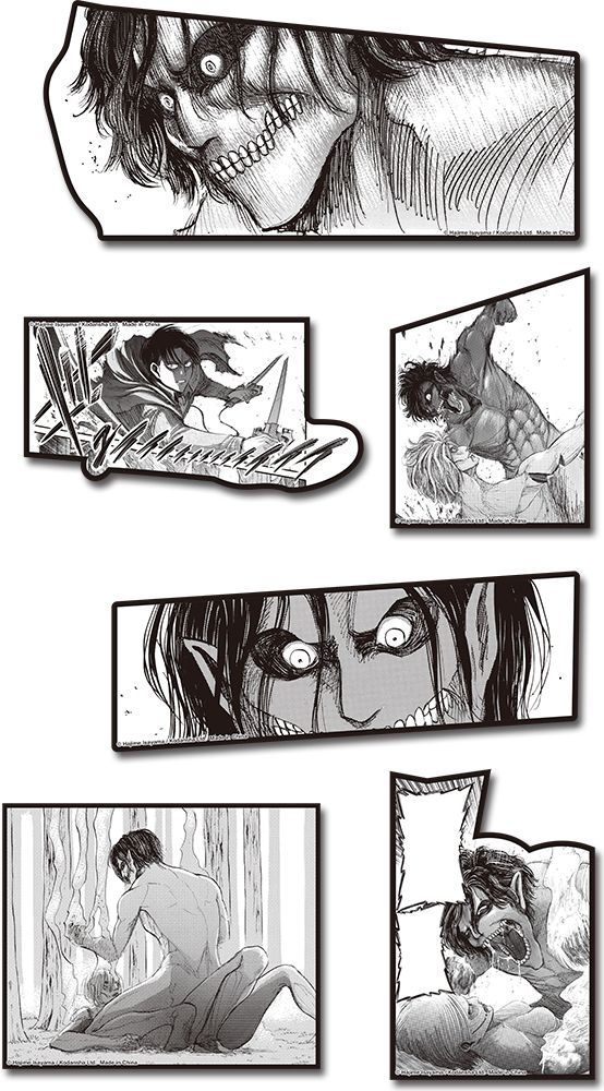 Attack on Titan manga sticker set GEE 452964 featuring Levi Ackerman and Eren vs Female Titan forest battle panels.