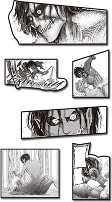 Attack on Titan manga sticker set GEE 452964 featuring Levi Ackerman and Eren vs Female Titan forest battle panels.
