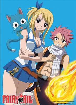 Fairy Tail Natsu, Lucy & Happy Turquoise Background Wallscroll