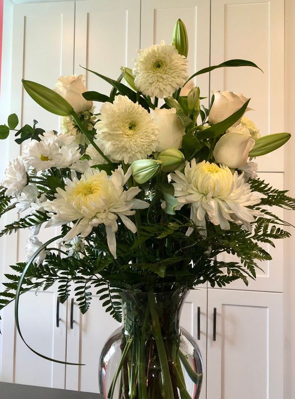 ELEGANT Roses, Mums & Lilies in WHITE