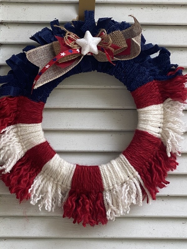 Patriotic &quot;America&quot; Yarn and Fabric Wreath with Star Bow and Ribbon