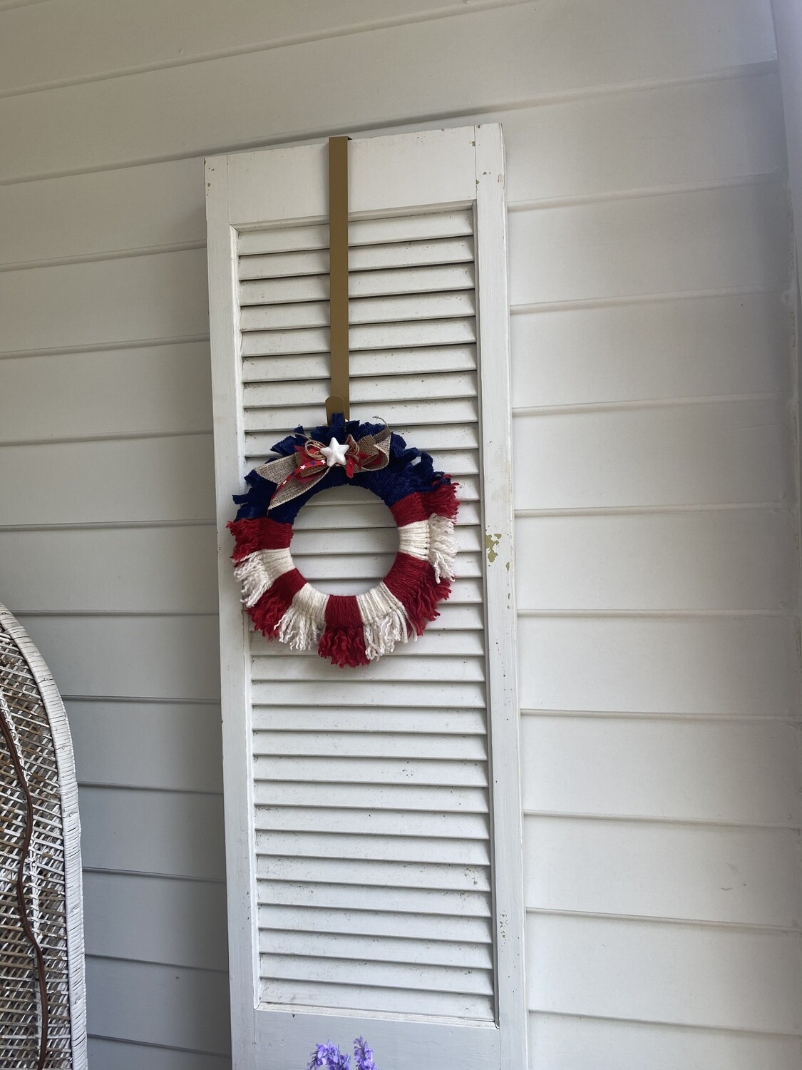 Patriotic "America" Yarn and Fabric Wreath with Star Bow and Ribbon