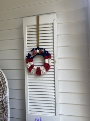 Patriotic "America" Yarn and Fabric Wreath with Star Bow and Ribbon