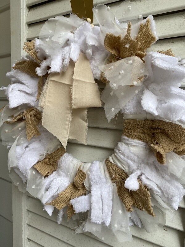 Cottage Rustic Rag Wreath (neutral, Dotted Swiss, fabric, silk ribbon)
