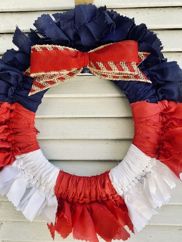 Patriotic &quot;Liberty&quot; Fabric Rag Wreath with Burlap and Ribbon Bow
