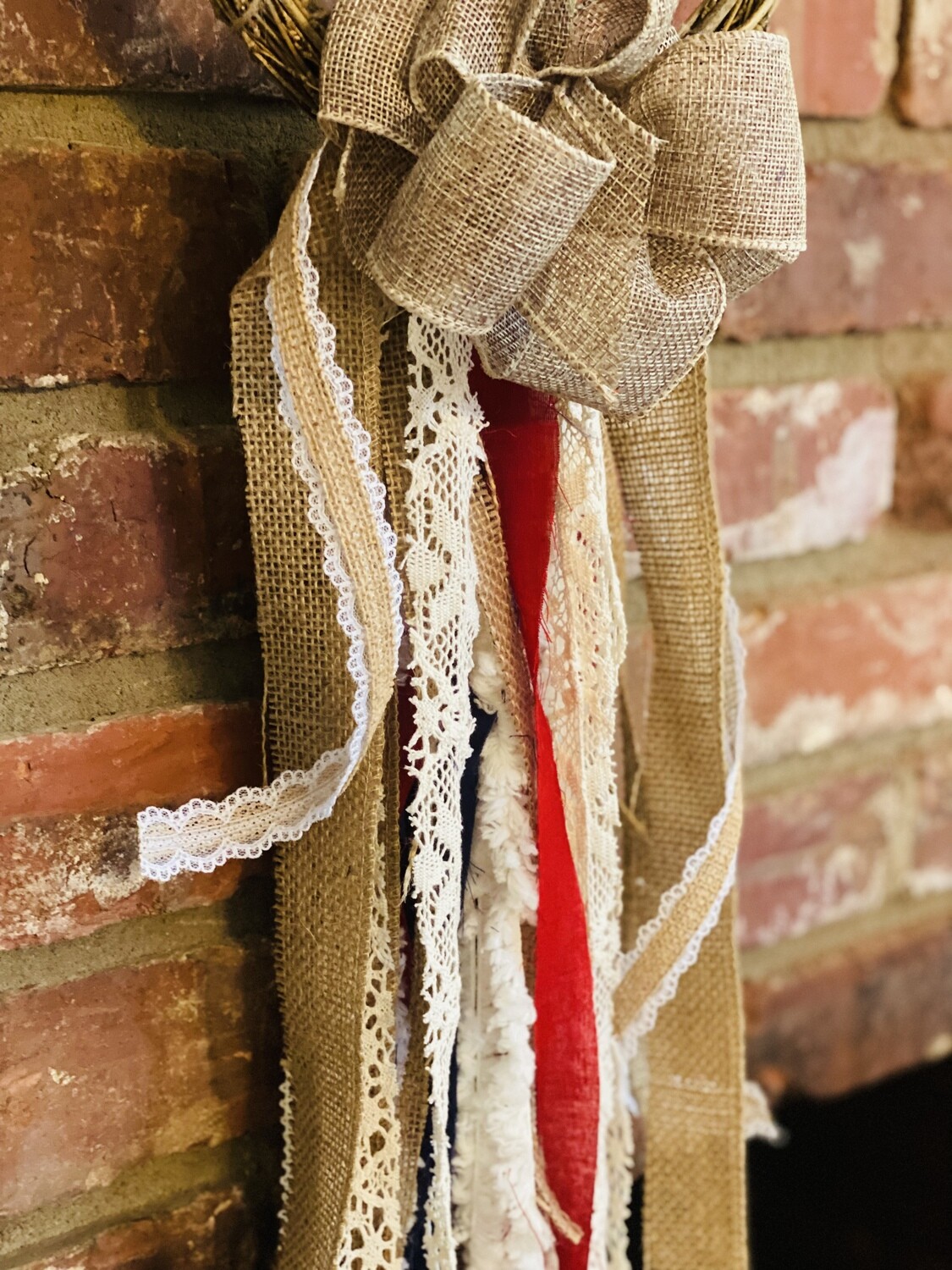 Patriotic “Grace” Wood and Rag Wreath