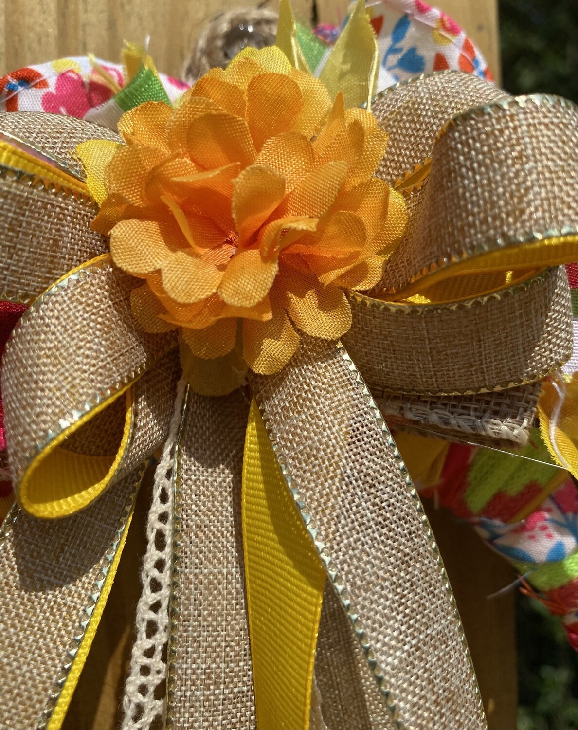 Summertime Rag Wreath with Burlap and Ribbon Bow (bright summer colors, round)