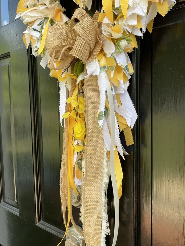 Sweet Summer Lemon Heart Wreath (fabric, yarn, lace, burlap, ribbon, flowers)
