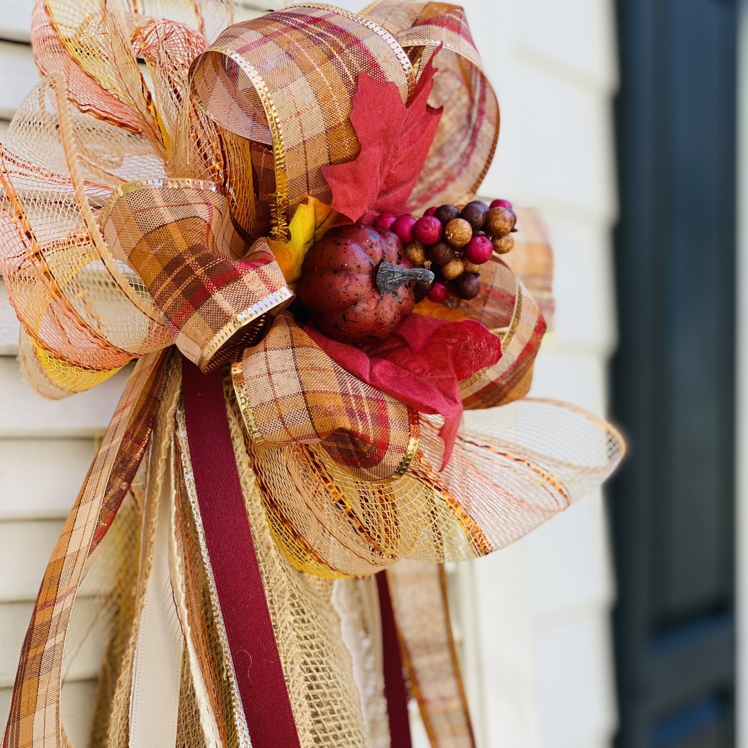 Fall Collection: Autumn Flowing Bow (Pumpkin, berries, leaves, ribbon, burlap, lace)