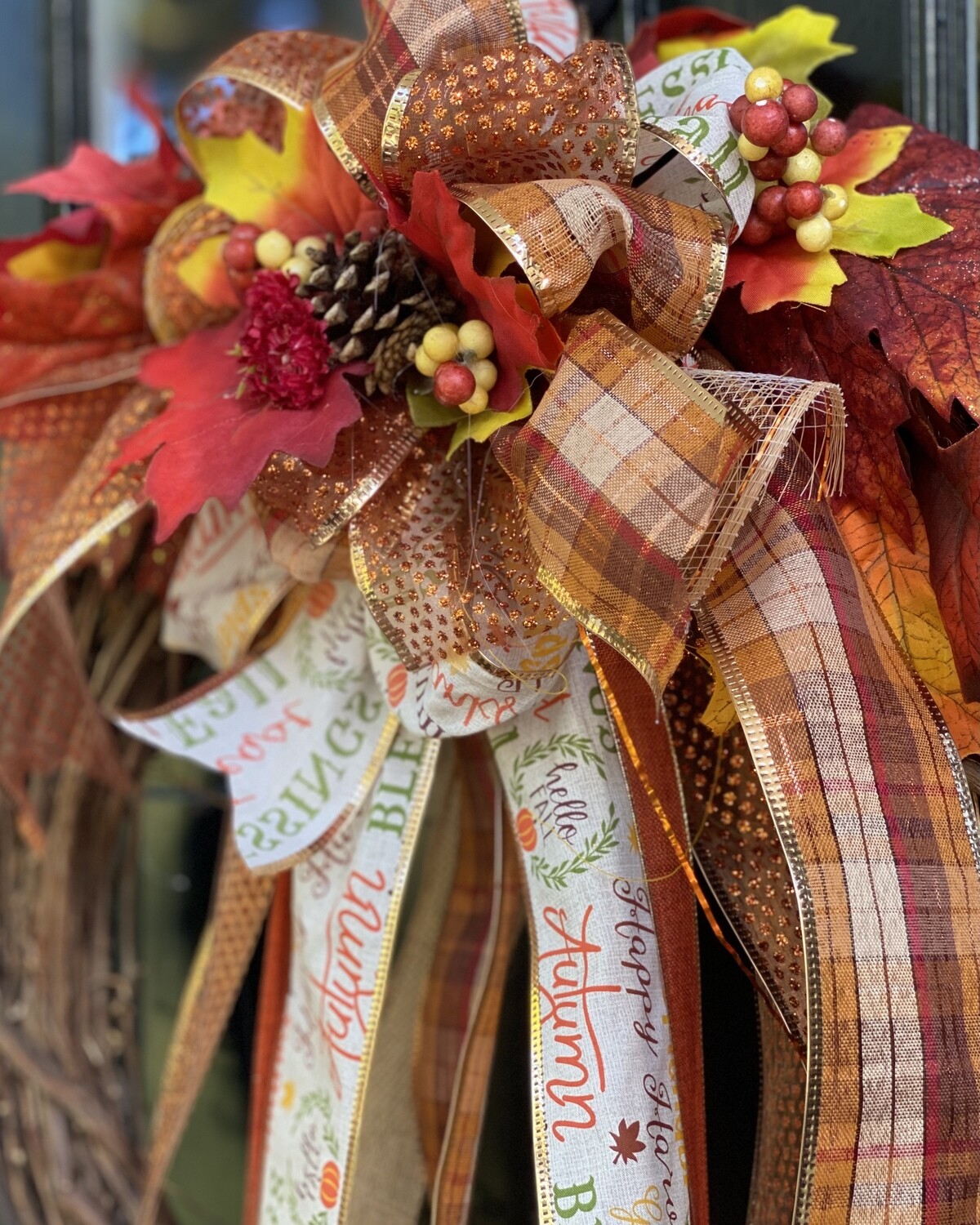 Fall Collection: Grateful and Blessed Wreath (grapevine, ribbon, berries, foliage)