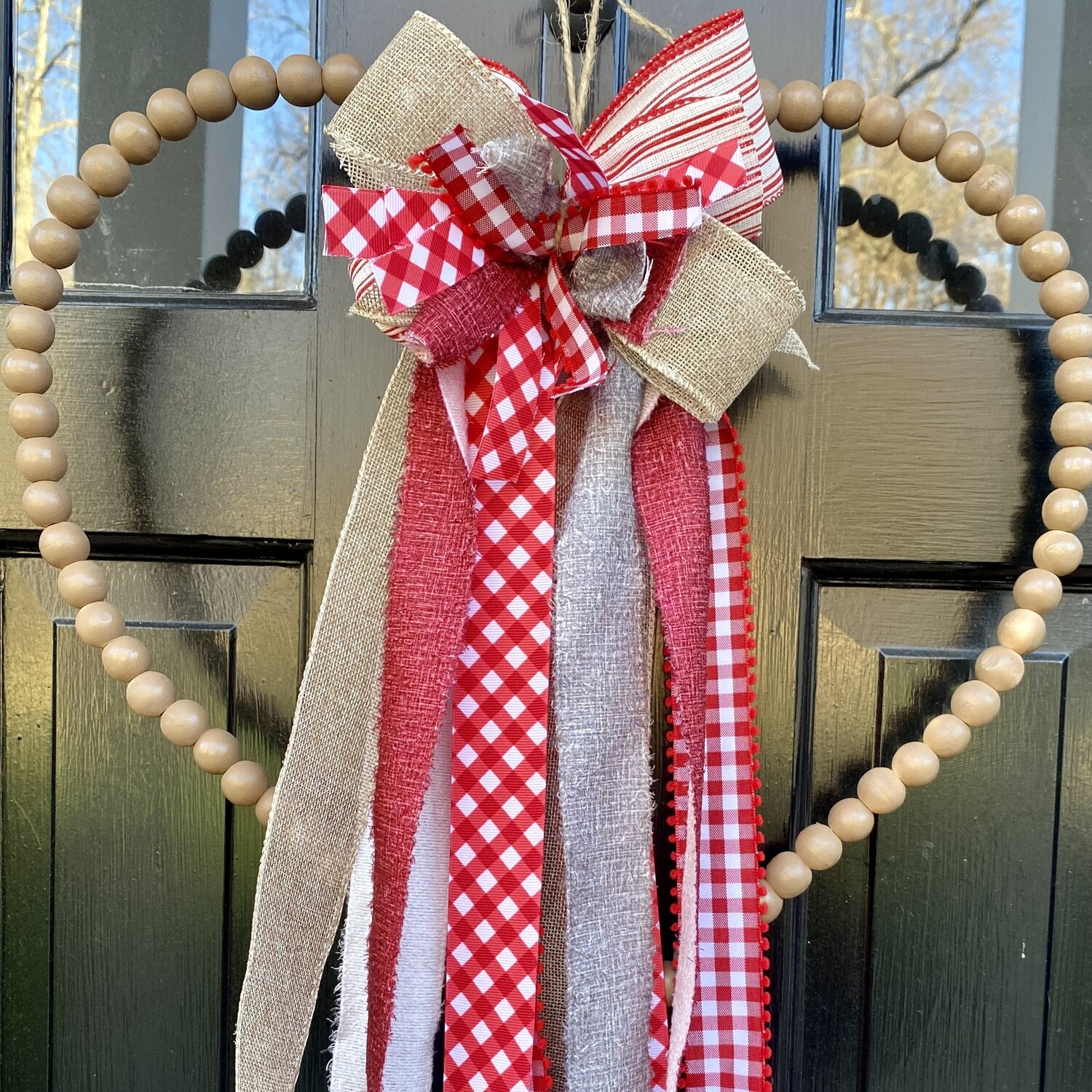 Wooden Bead Heart Wreath with Multi-layered Bow