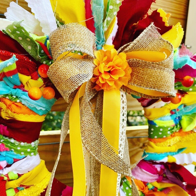 Summertime II Rag Wreath with Burlap and Ribbon Bow (bright summer colors, round)