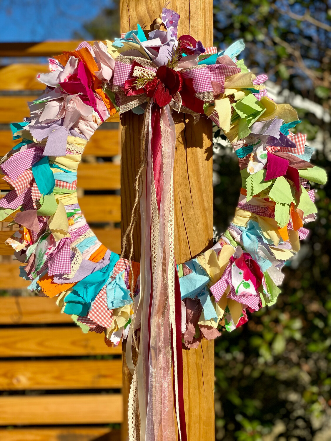 Custom Full Size (18&quot;) Multi-Colored Fabric Rag Wreath with Flowing Ribbon Bow (bright colors, round)