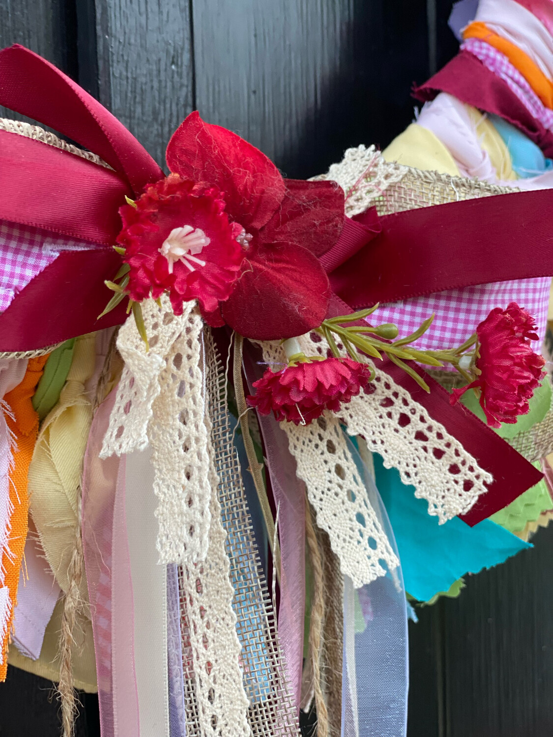 Custom Full Size (18") Multi-Colored Fabric Rag Wreath with Flowing Ribbon Bow (bright colors, round)