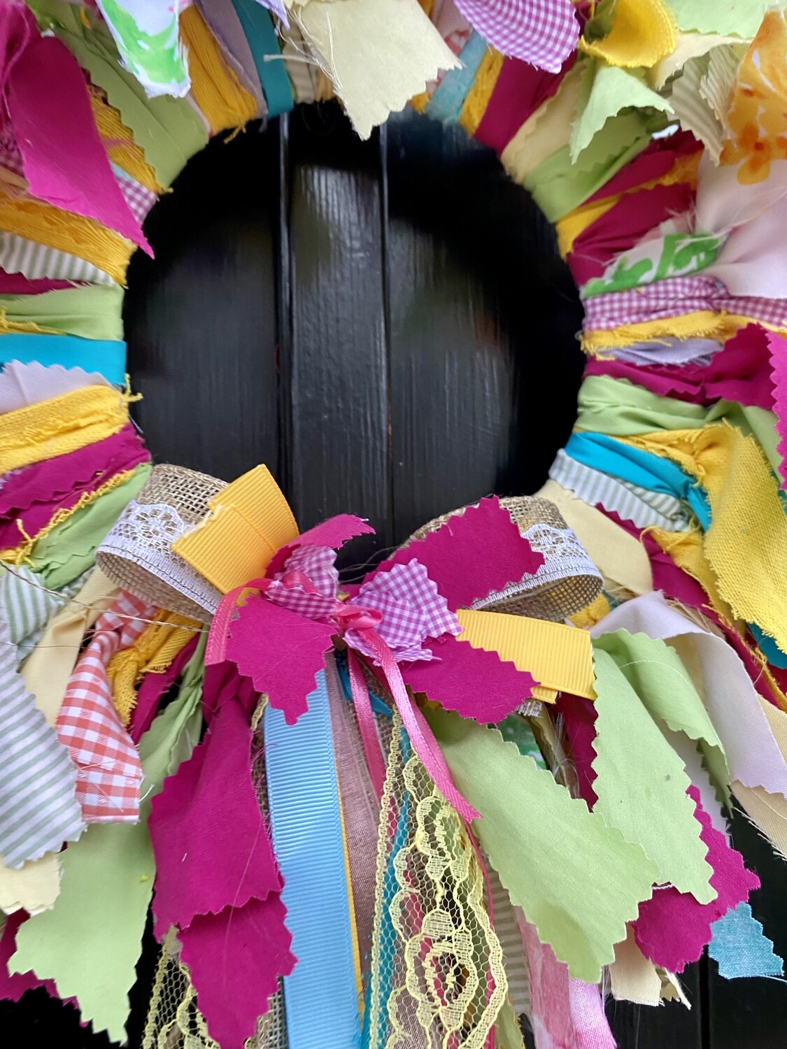 Custom 14&quot; Multi-Colored Fabric Rag Wreath with Flowing Ribbon Bow