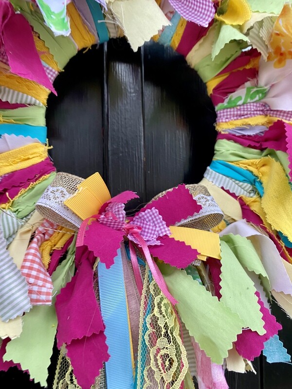 Custom 14" Multi-Colored Fabric Rag Wreath with Flowing Ribbon Bow
