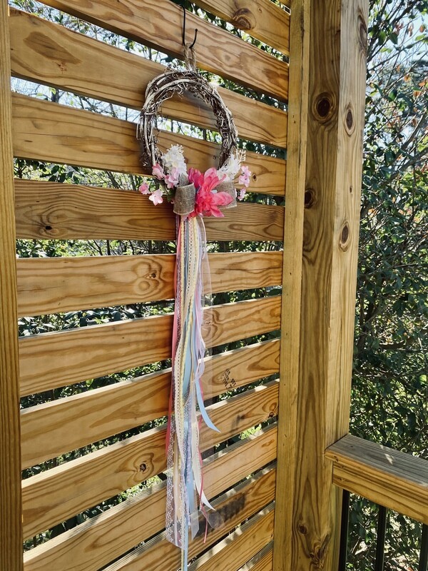 Handwoven Grapevine Wreath with Flowers and Flowing Multi-Layered Bow