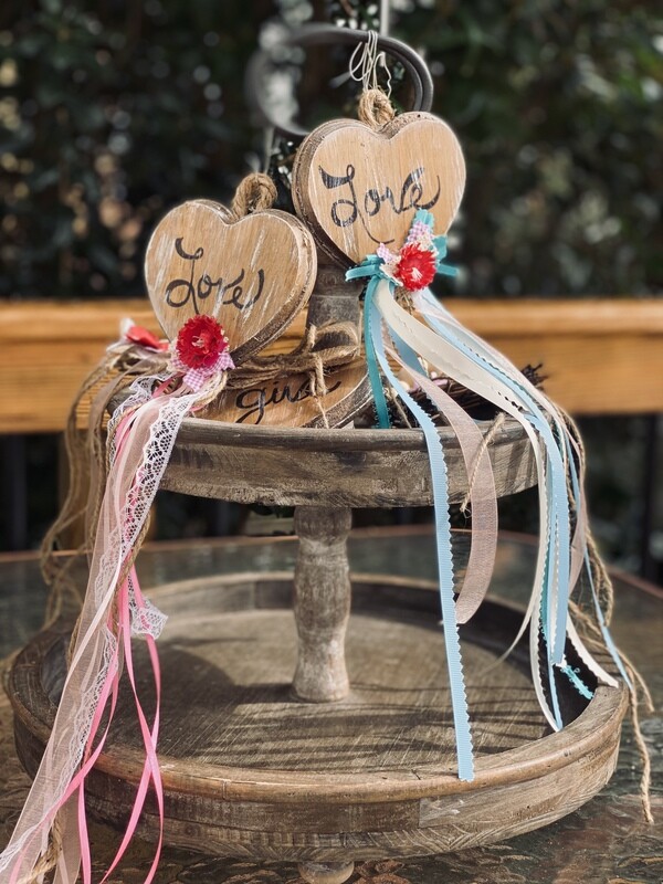 Stained Wood Heart Hanger with Hand Lettering and Florals, Multi-Layered Flowing Bow