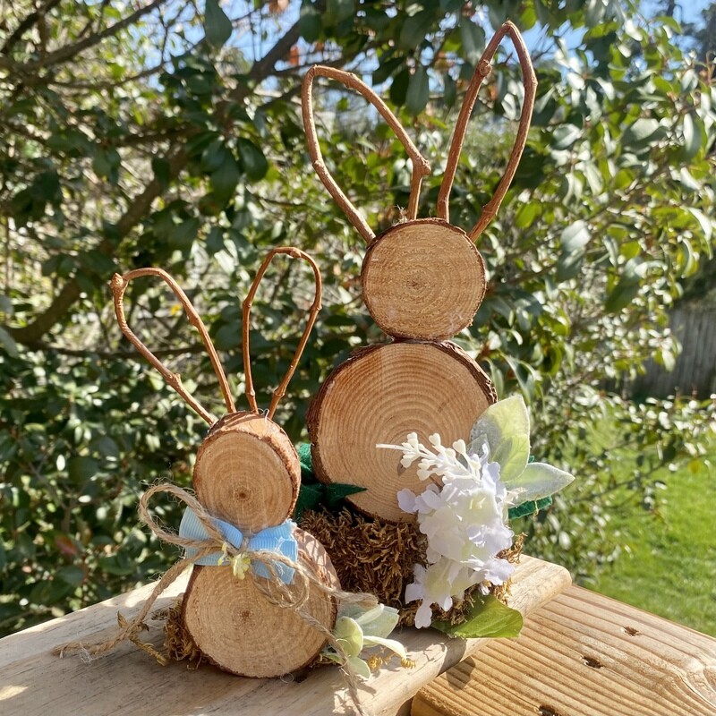 Rustic Wood and Moss Bunny with Spring Flowers
