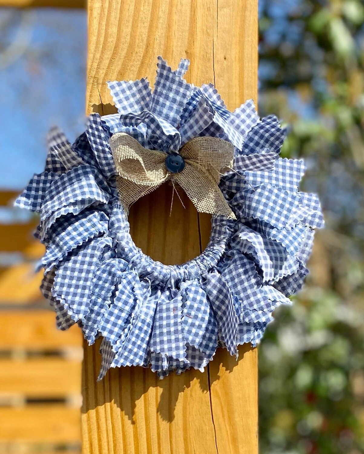 Blue and White Checkered Mini Round Fabric Wreath (with Burlap Bow)