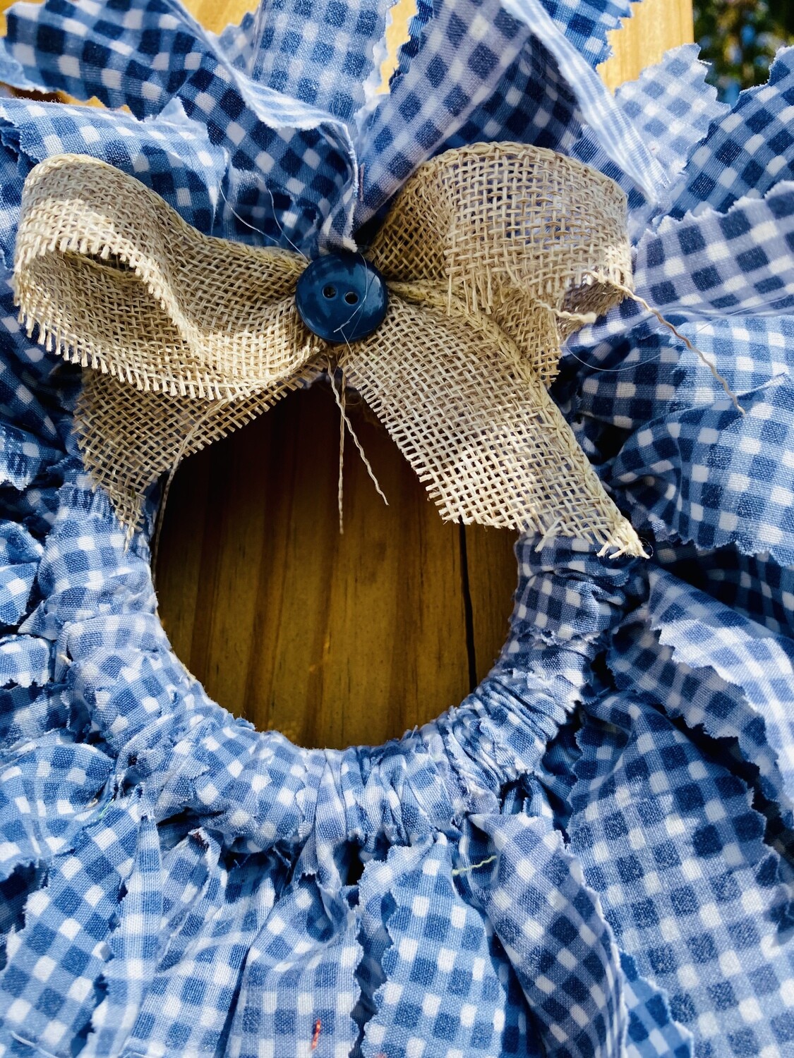 Blue and White Checkered Mini Round Fabric Wreath (with Burlap Bow)