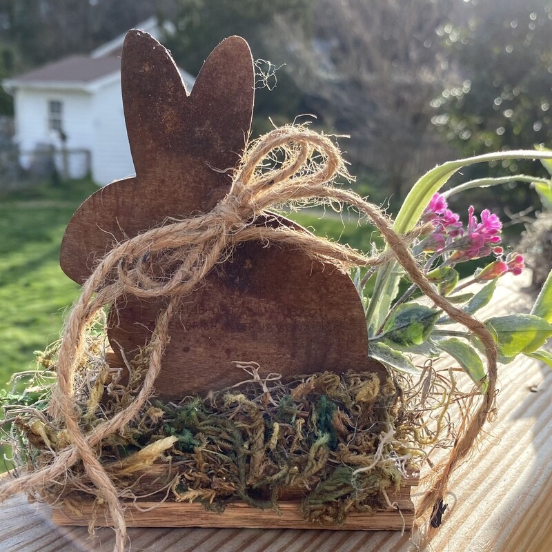 Rustic Stained Wood Silhouette Bunny with Moss, Bow, and Spring Flowers
