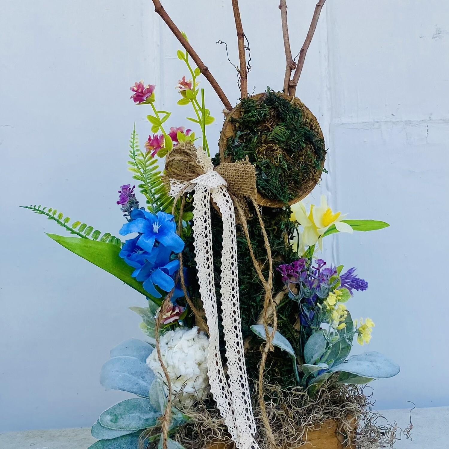 Large Rustic Wood and Moss Centerpiece or Mantel Bunny with Spring Flowers