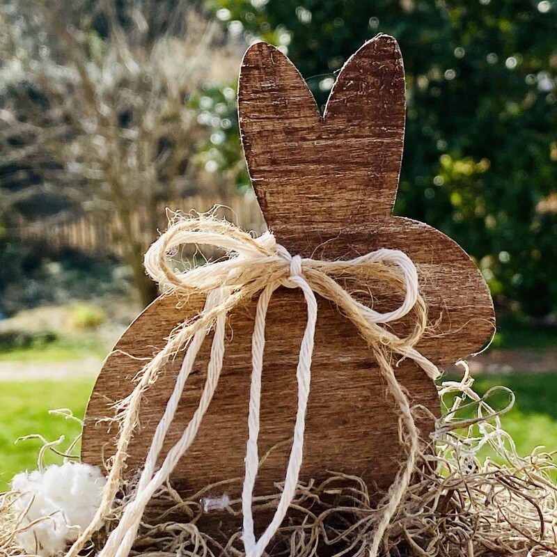 Rustic Stained Wood Silhouette Bunny with Moss, Bow, and Fluffy Tail