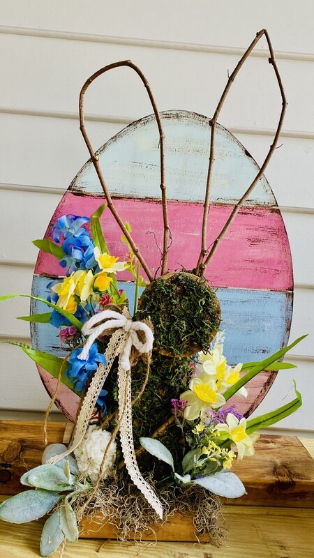 Large Rustic Wood and Moss Centerpiece or Mantel Bunny with Spring Flowers