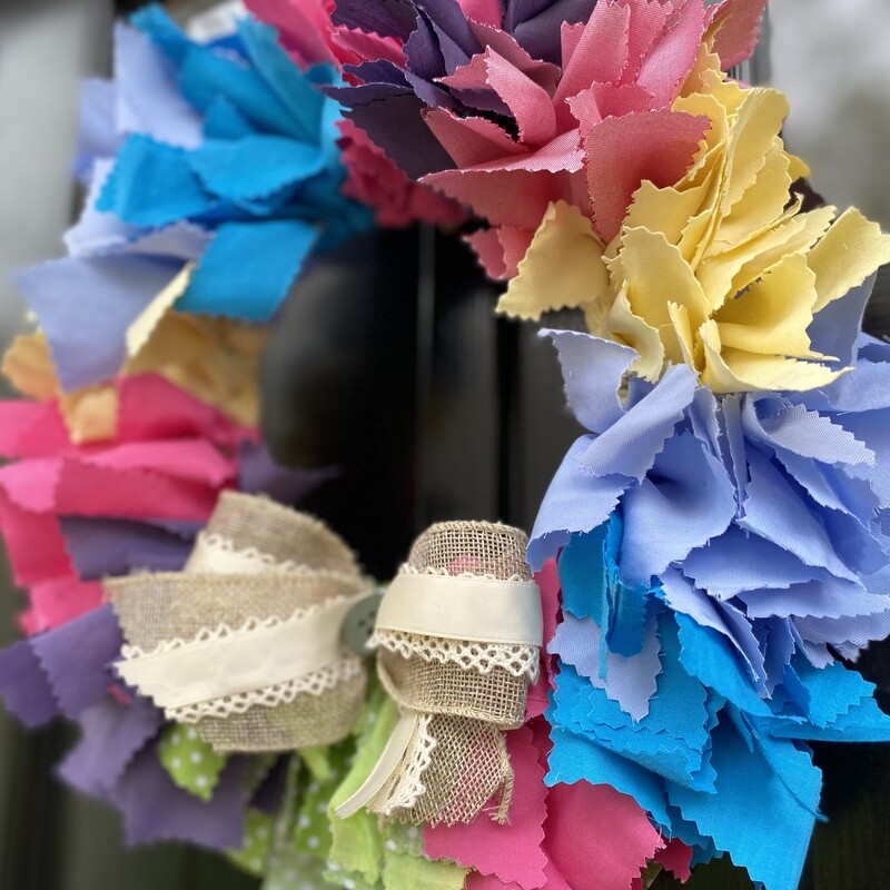 14" Multi-Colored Fabric Rag Wreath with Burlap and  Ribbon Bow and Button