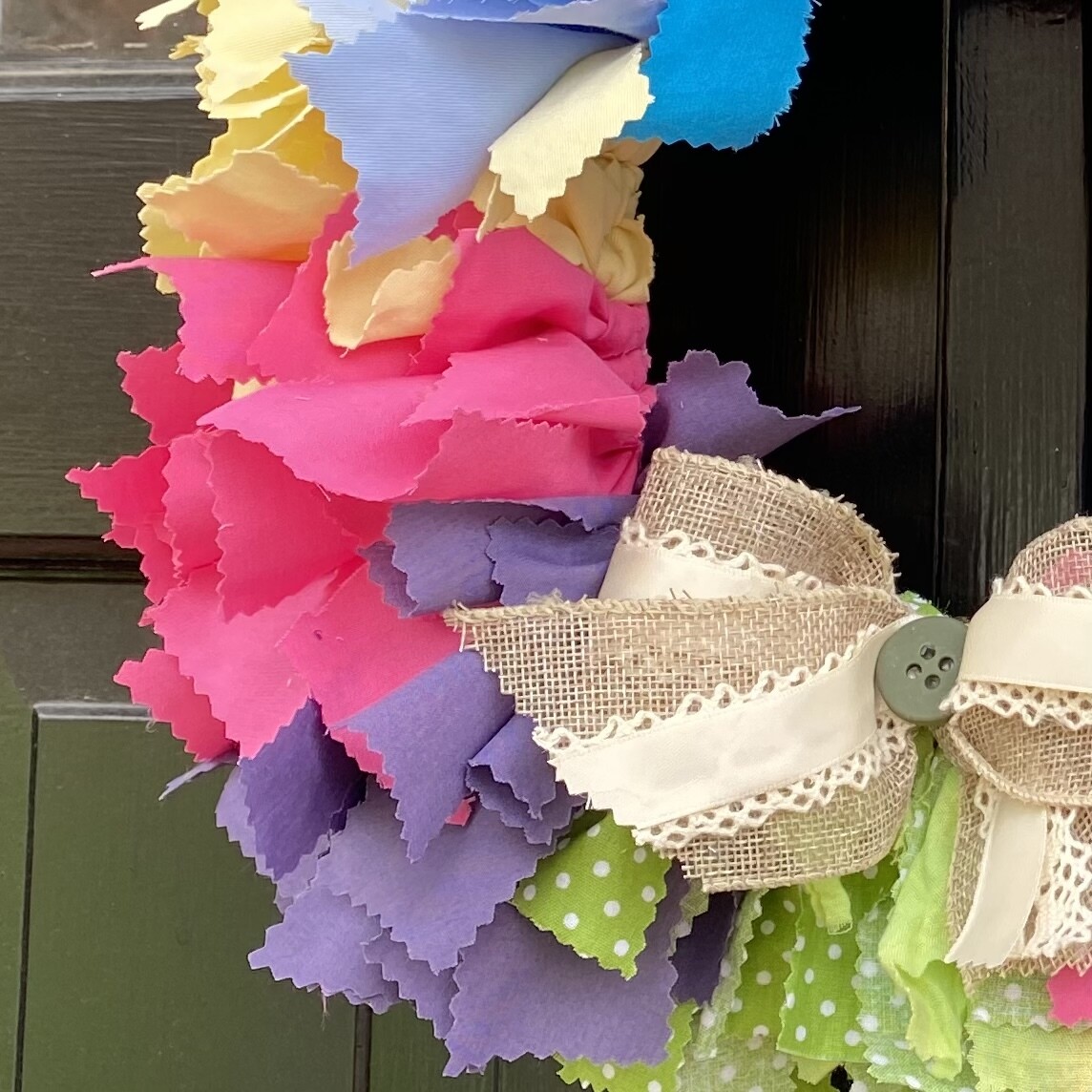 14" Multi-Colored Fabric Rag Wreath with Burlap and Ribbon Bow and Button