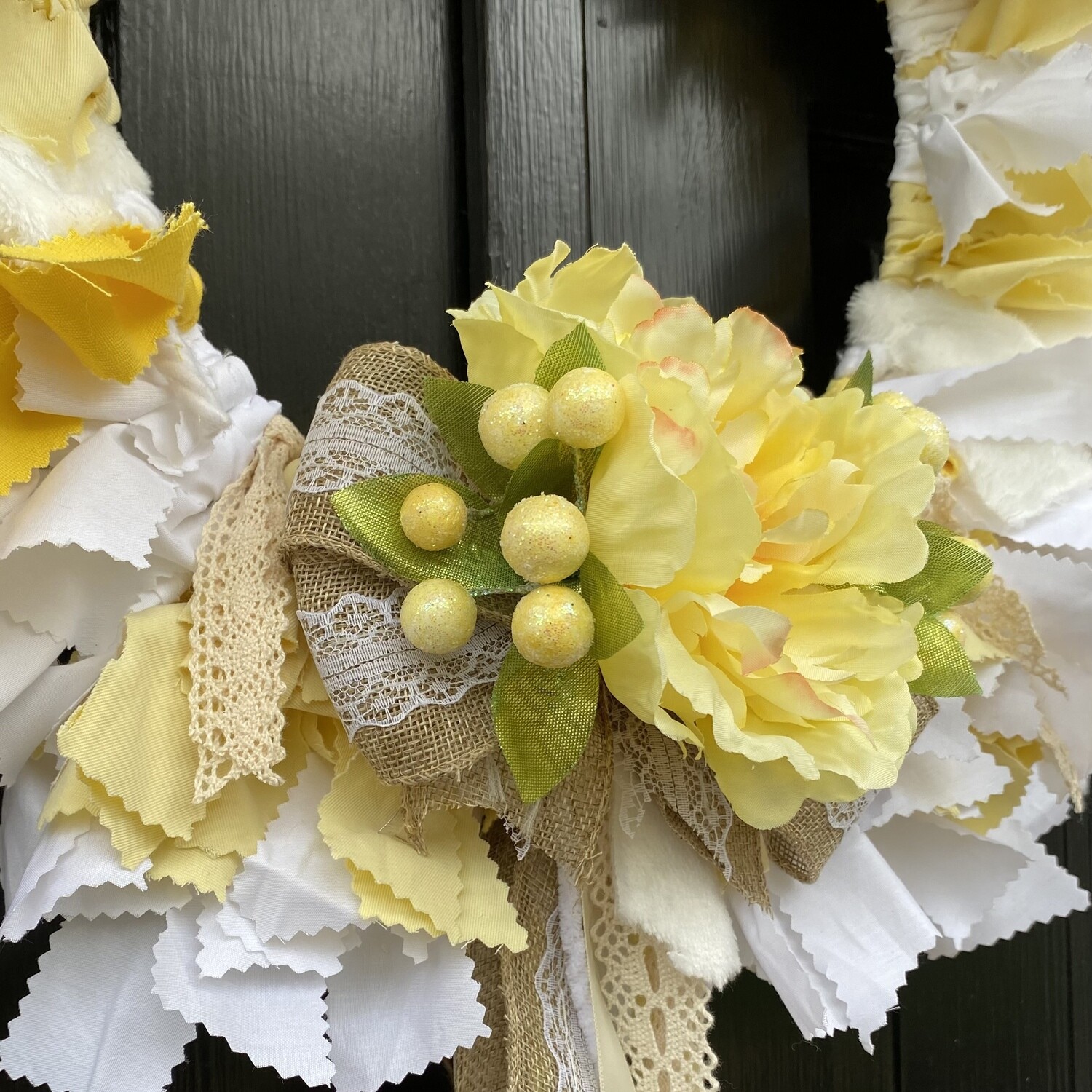 Sprinkles of Sunshine Full Size (18”) Round Yellow and White Fabric Wreath with Detachable Multi-Layered Flowing Ribbon Bow